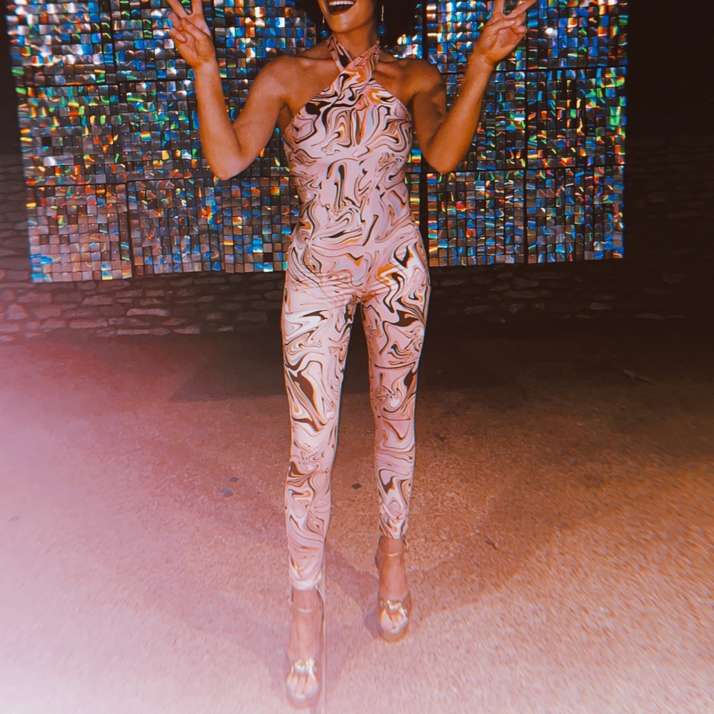 zara pink long print jumpsuit